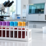 Epruvete u stalku na laboratorijskoj radnoj površini.