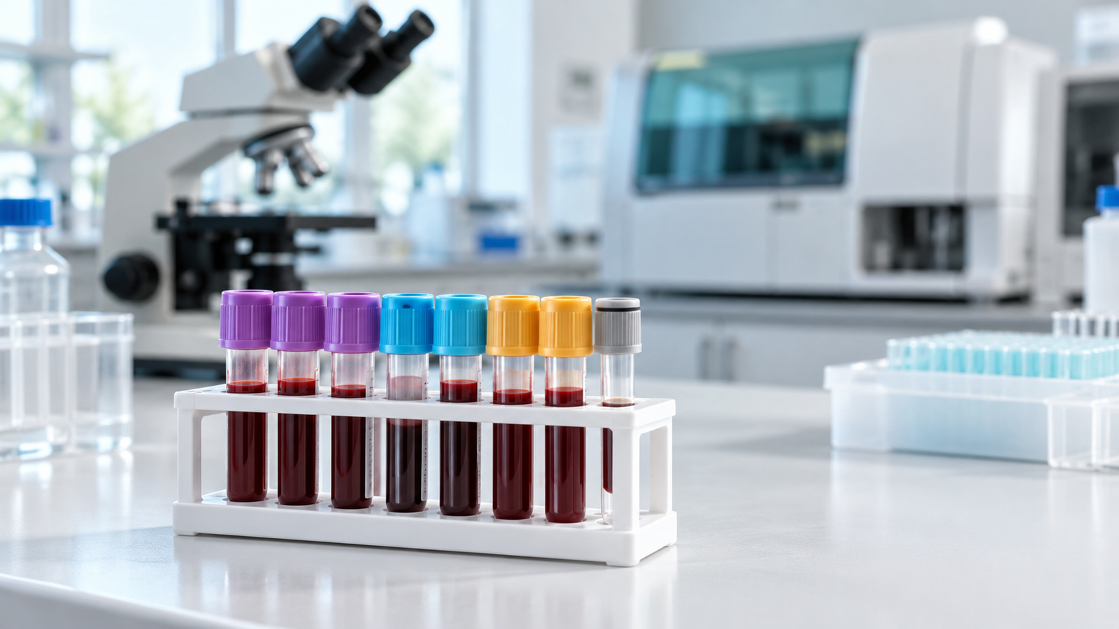 Laboratorija-naslovna Epruvete u stalku na laboratorijskoj radnoj površini.